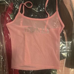 Rhinestone 'HONEY' Pink Sheer Mesh Cami